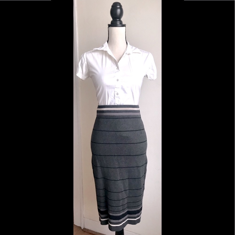 Grey Color Block Striped Midi Pencil Skirt, S-NWT